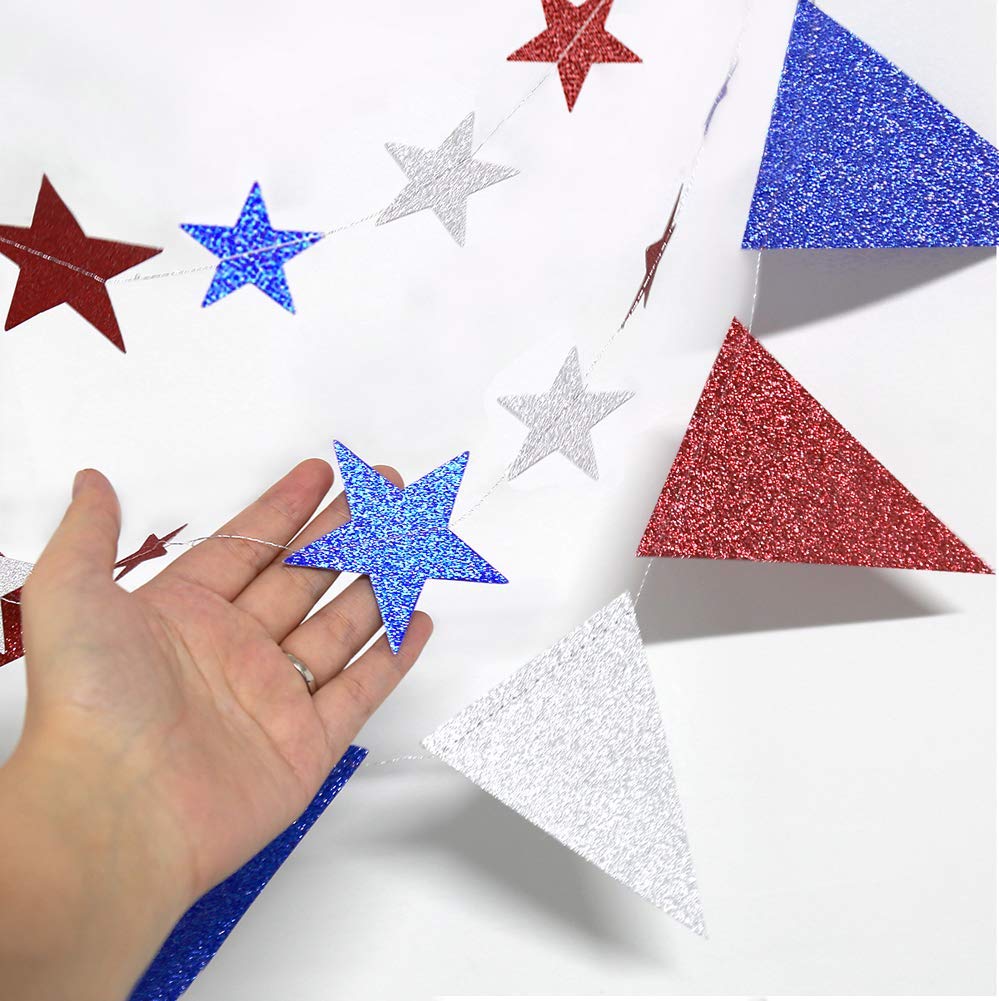 Decor365 Red Blue White/Silver Star Garland Triangle Pennant Banner Kit 4th/Fourth of July USA America Independent Day Celebration Decor Party Hanging Decoration for Bithday/Wedding/Home/Cavinal/Home Decor365