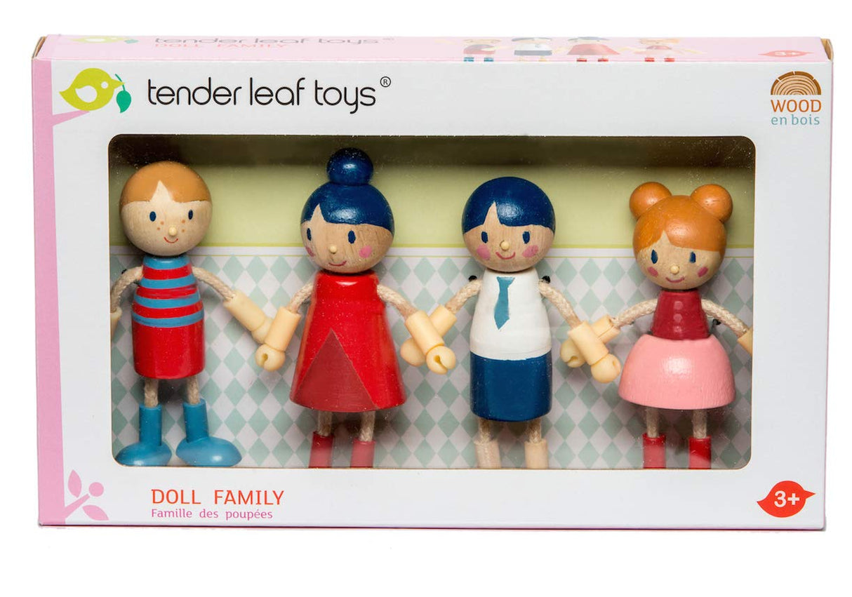 Tender Leaf Toys - Doll Family - Cute Wooden Flexible Doll Family for Kid's Dollhouse, Four Pcs of Multicultural Mom, Dad, Boy and Girl - Age 3+ Tender Leaf Toys