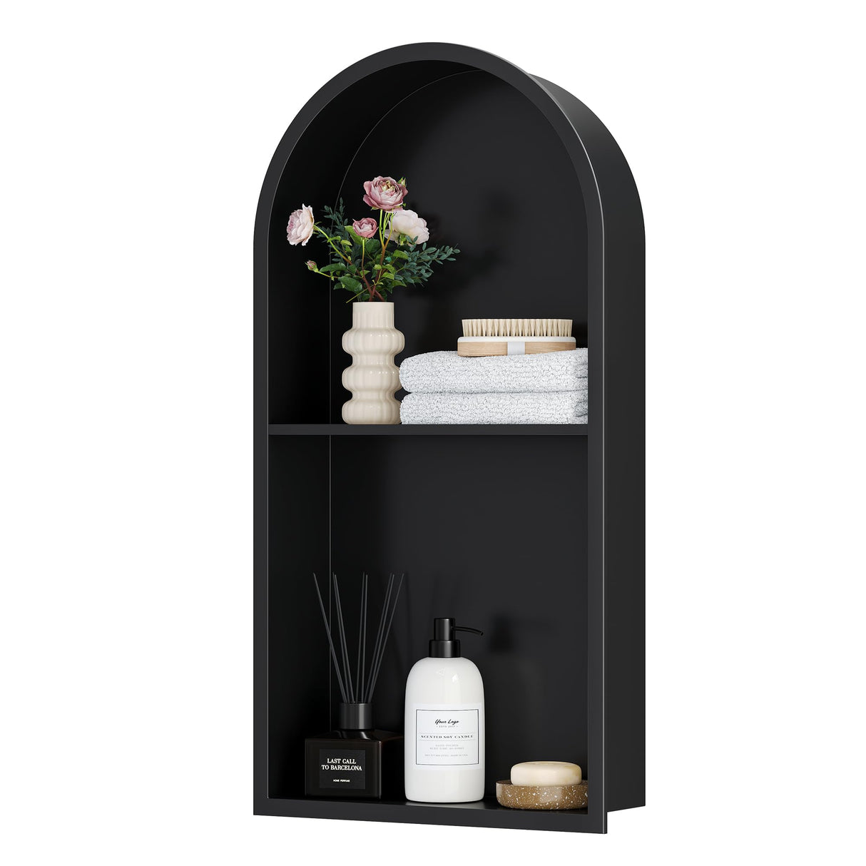 Qeke Stainless Steel Shower Niche 12" X 24", No Tile Needed Arched Niche Double Shelves, Recessed Shower Shelf Arched for Shower Wall, Matte Black Qeke