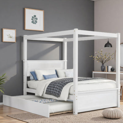Modenr Full Size Canopy Bed with Trundle for Adult, Solid Wood 4 Post Platform Bed Frame with Headboard, No Box Spring Needed, Wood Canopy Bed with Trundle, White
