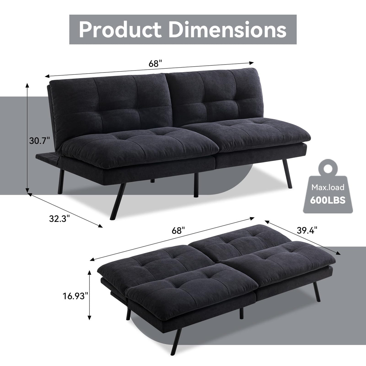 Hcore Polyester Memory Foam Convertible Futon Sofa Bed, Small Splitback Loveseat, 68" L x 32.3" W x 30.7" H, Black Hcore