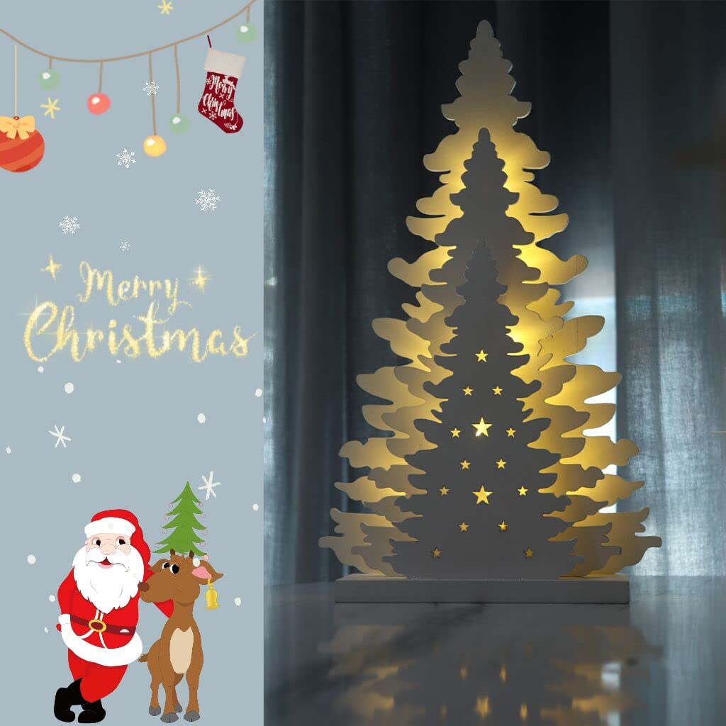 Wooden Christmas Tree Tabletop Decor, Supergorea,LED Wood Craft Christmas Trees Light 2AA Battery Powered 10 inch for Xmas Home Decorations(Indoor) Supergorea
