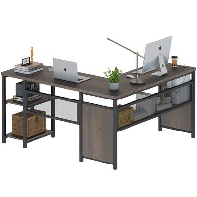 FATORRI L Shaped Computer Desk, Industrial Home Office Desk with Shelves, Reversible Wood and Metal Corner Desk (Walnut Brown, 59 Inch)