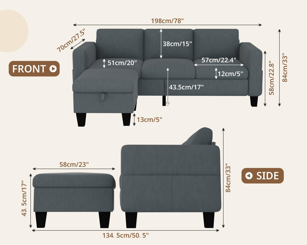 Woyomeub Sectional Sofa Couches for Living Room 78" L Shaped Sofas with Storage Ottoman 3 Seater Couch Velvet Fabric, Dark Grey Woyomeub