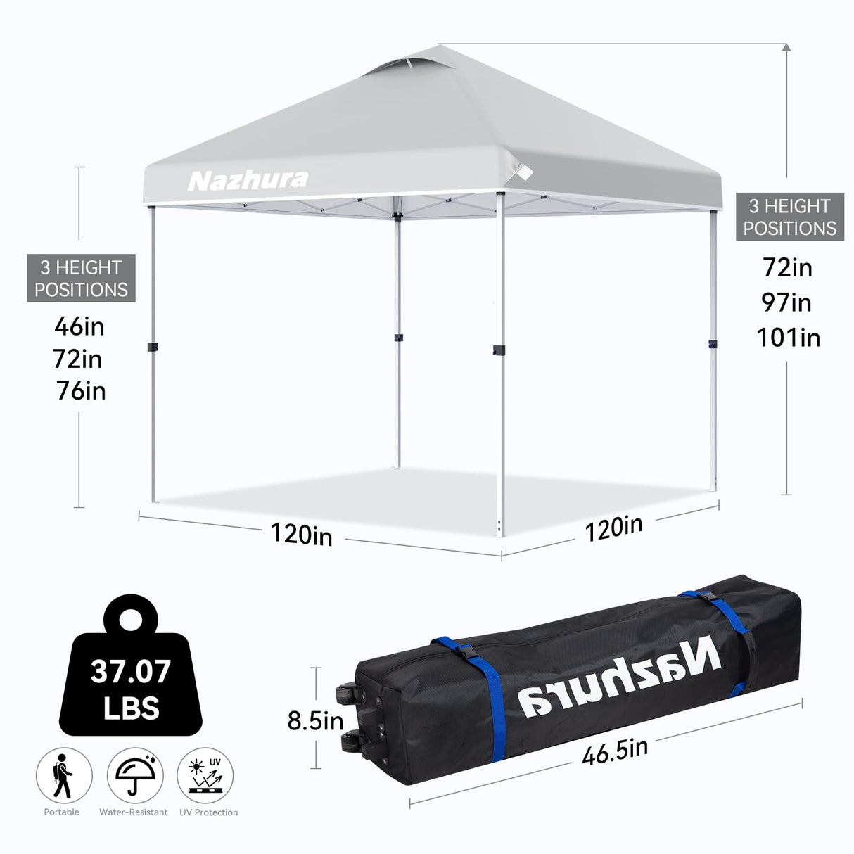 Nazhura 10' x 10' Pop Up Canopy Tent with Sand Weight Bag, Freestanding Sun Shelter for Picnic and Camping, One Person Setup and Height Adjustable (White) Nazhura