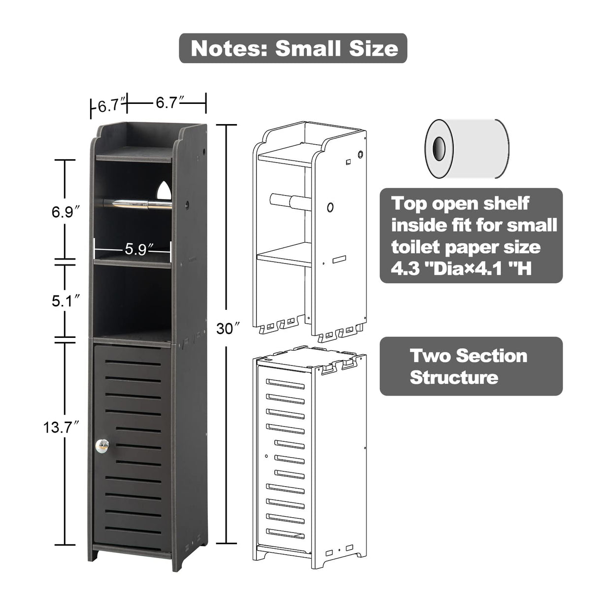 AOJEZOR Toilet Paper Holder Stand: Bathroom Storage Cabinet Beside Toilet Storage for Small Bathroom with Toilet Roll Holder - Toilet Paper Stand - Black AOJEZOR