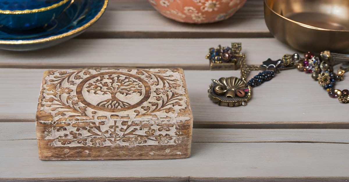 Great Birthday Gifts Handmade Decorative Wooden Jewelry Box Tree Of Life Carving Jewelry Organizer Keepsake Box Treasure Chest Trinket Holder Watch Box Storage Lock Box Housewarming Gifts The Great Indian Bazaar