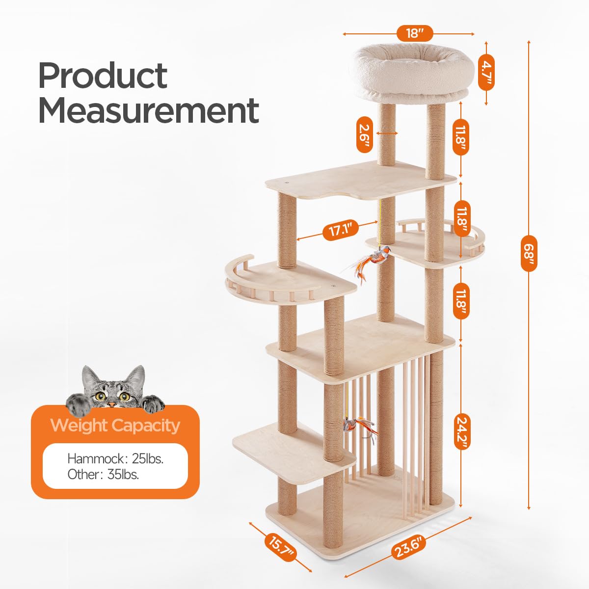 GIMU 68" Large Cat Tree, Solid Wood Multi-Level Cat Tower with Scratching Posts, Fun Toys, and Washable Plush Platform for Indoor Cats GIMU