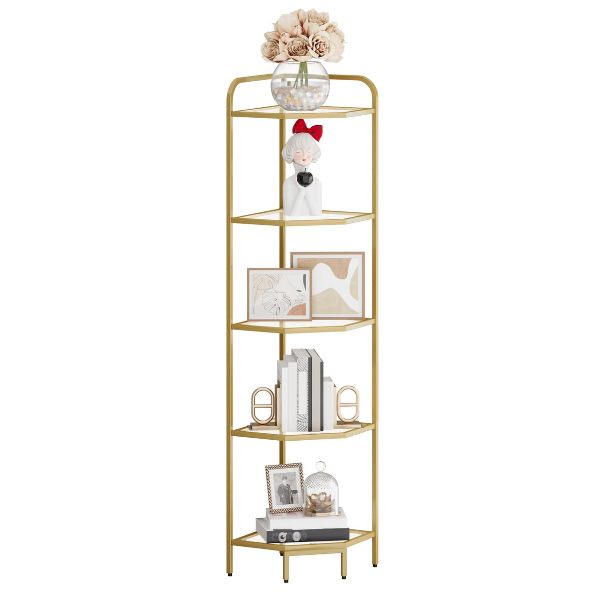 Hzuaneri Corner Shelf Stand, Glass Bookshelf Bookcase, Bathroom Organizer, Plant Stand, Steel Frame, Tempered Glass, Modern Style for Living Room, Bathroom, Kitchen, 5-Tier Golden CS90200G Hzuaneri