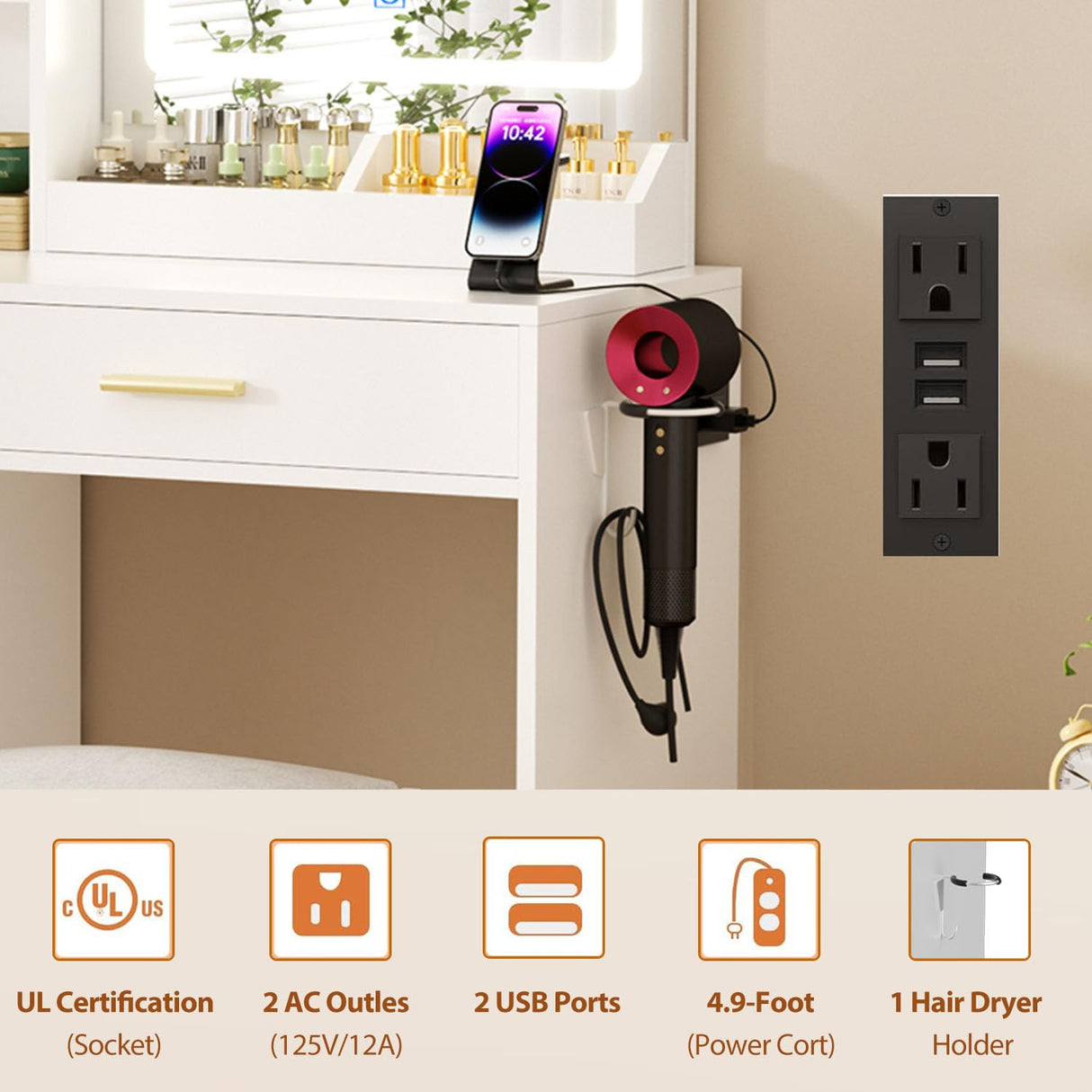 ERLEJIA Vanity Desk with Mirror and Lights & Extral Foldable Desk, 35.43" & 43.3" Makeup Vanity Table with Stool and Plug Outlet, 5 Drawers and Open Shelves Dressing Table for Bedroom, White and Gold ERLEJIA