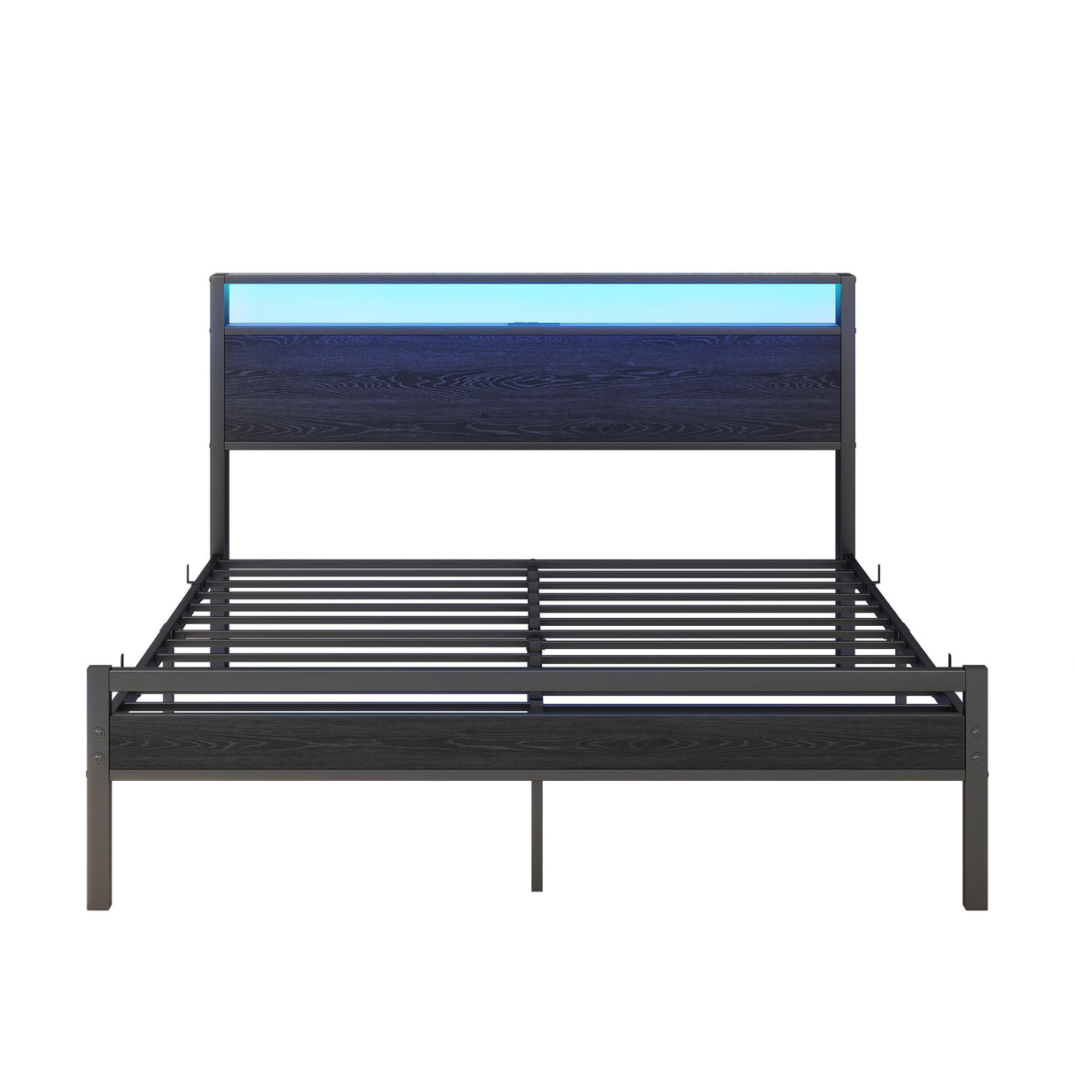 Queen Bed Frame with Storage Headboard/LED Lights,Metal Platform Bed Frame Queen Size with Storage Charging Station,Queen Bed Frame No Box Spring Needed,Heavy Duty Metal Slats,Bed Base,No Noise,Black HOJINLINERO