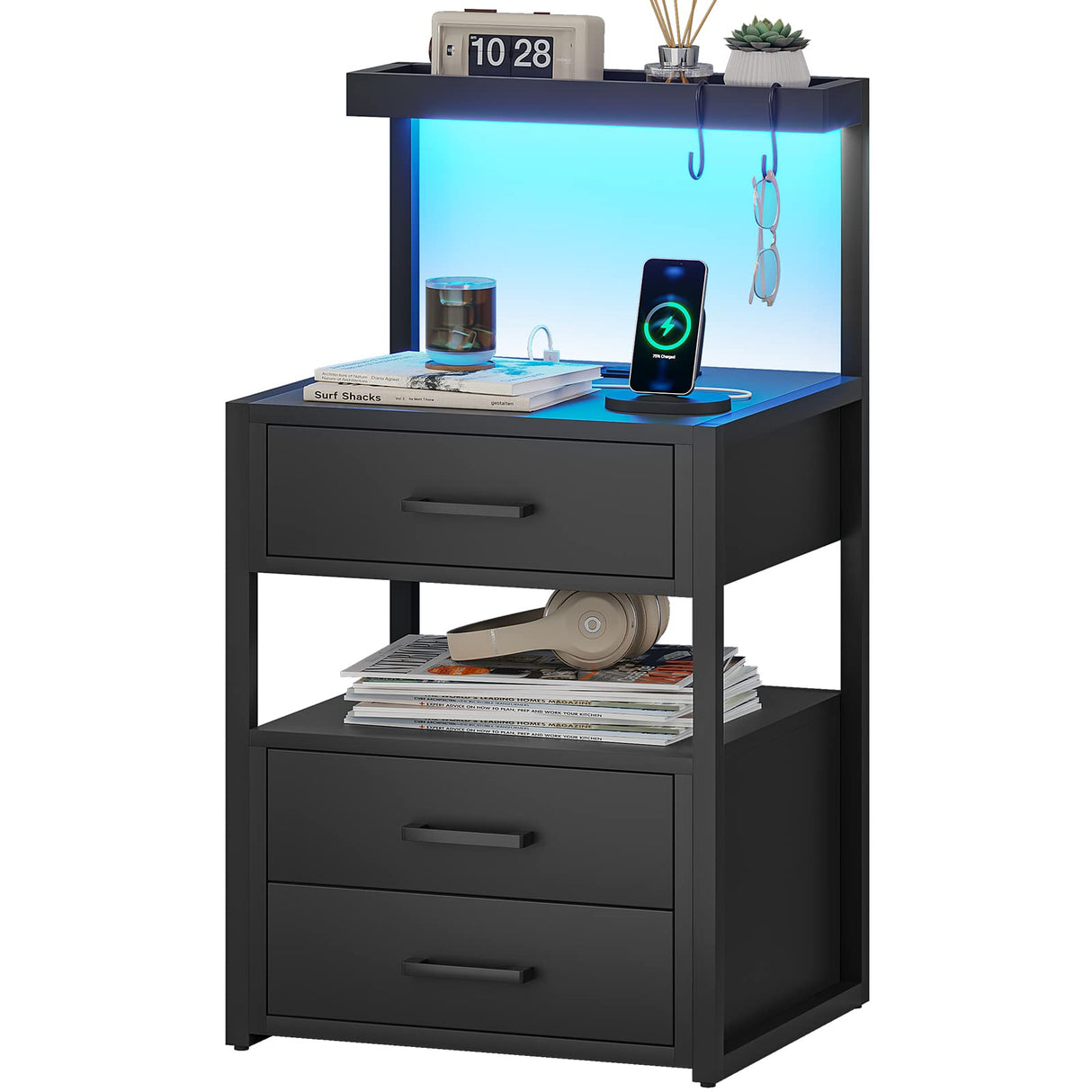 Nightstand with Charging Station and LED Lights, LED Night Stand with 2 USB Ports and 2 AC Outlets, Modern End Table with 3 Drawers, Bedside Table with Open Storage for Bedroom, Black AOGLLATI