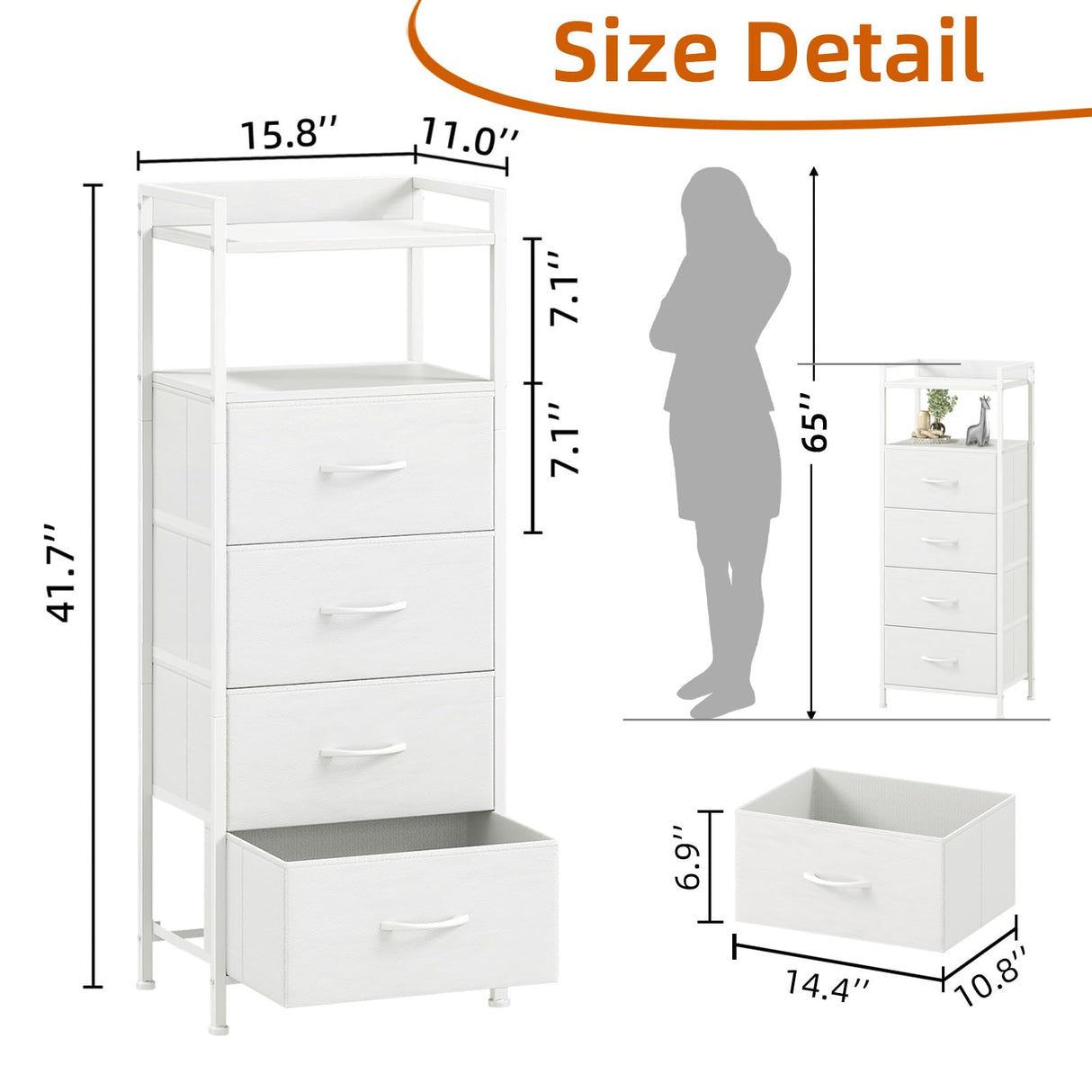 Somdot White Nightstand with 4 Drawers, Vertical Storage Tower Fabric Dresser for Bedroom, Nightstand Bedside Table Furniture, Sturdy Steel Frame, Wooden Top & Easy Pull Fabric Bins Somdot