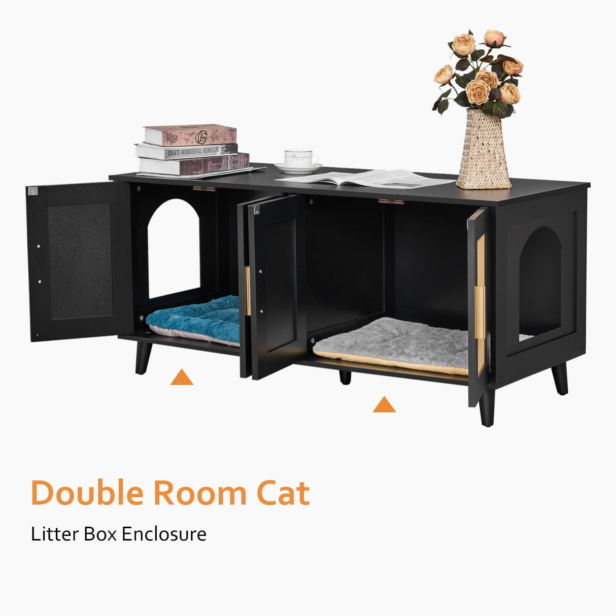 Homhedy Boho Cat Litter Box Enclosure for 2 Cats,Litter Box Furniture Hidden with Double Rattan Decorated Doors,Wooden Cat Washroom Furniture,Cat House,47.2”L x 19.7”W x 21.7”H, Black Homhedy