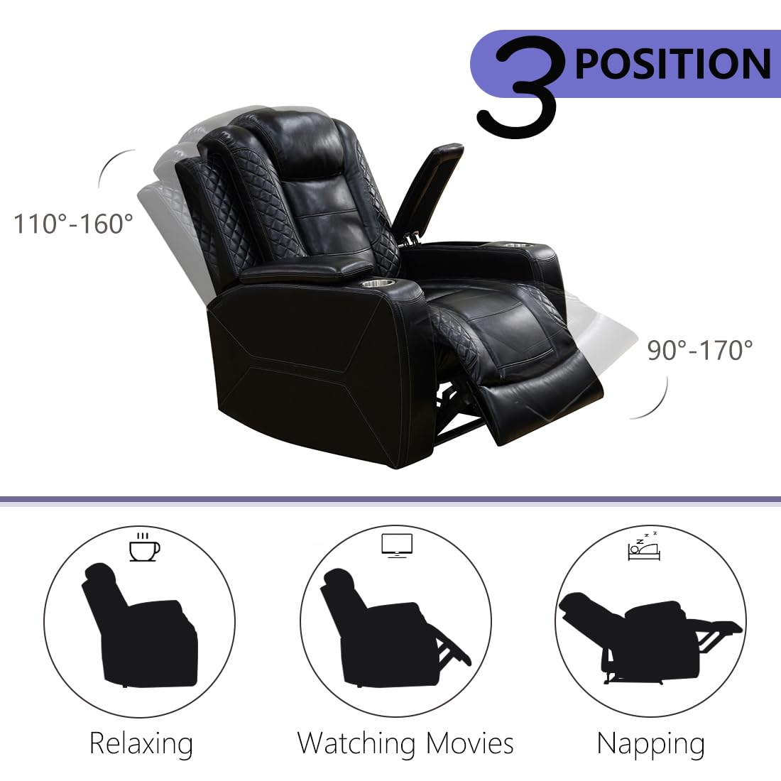 Anthato Leather Power Recliner Sofa Set, Living Room Furniture Sets, 2 Piece Reclining Sofa Set with LED, Black Recliner Furniture with Arm Storage/Cup Holders/Charging Ports for Home Theater/Office Anthato