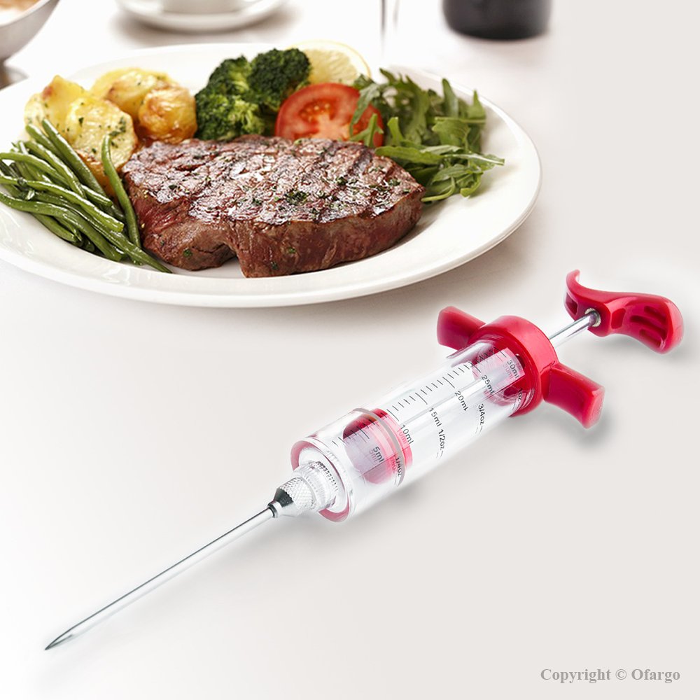 Ofargo Plastic Marinade Injector Syringe with Screw-on Meat Needle for BBQ Grill, 1-oz, Red, Recipe E-Book (Download PDF) Ofargo