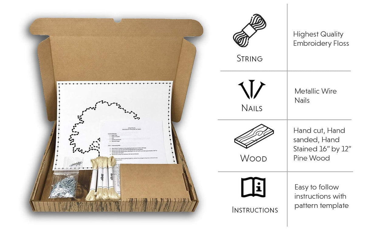 String of the Art Oak Tree String Art Kit, American Made DIY Craft Kit for Adults, Stained Pine Wood (16" x 12"), Embroidery Floss, for Beginner to Advanced Crafters, Craft a Handmade Gift String of the Art