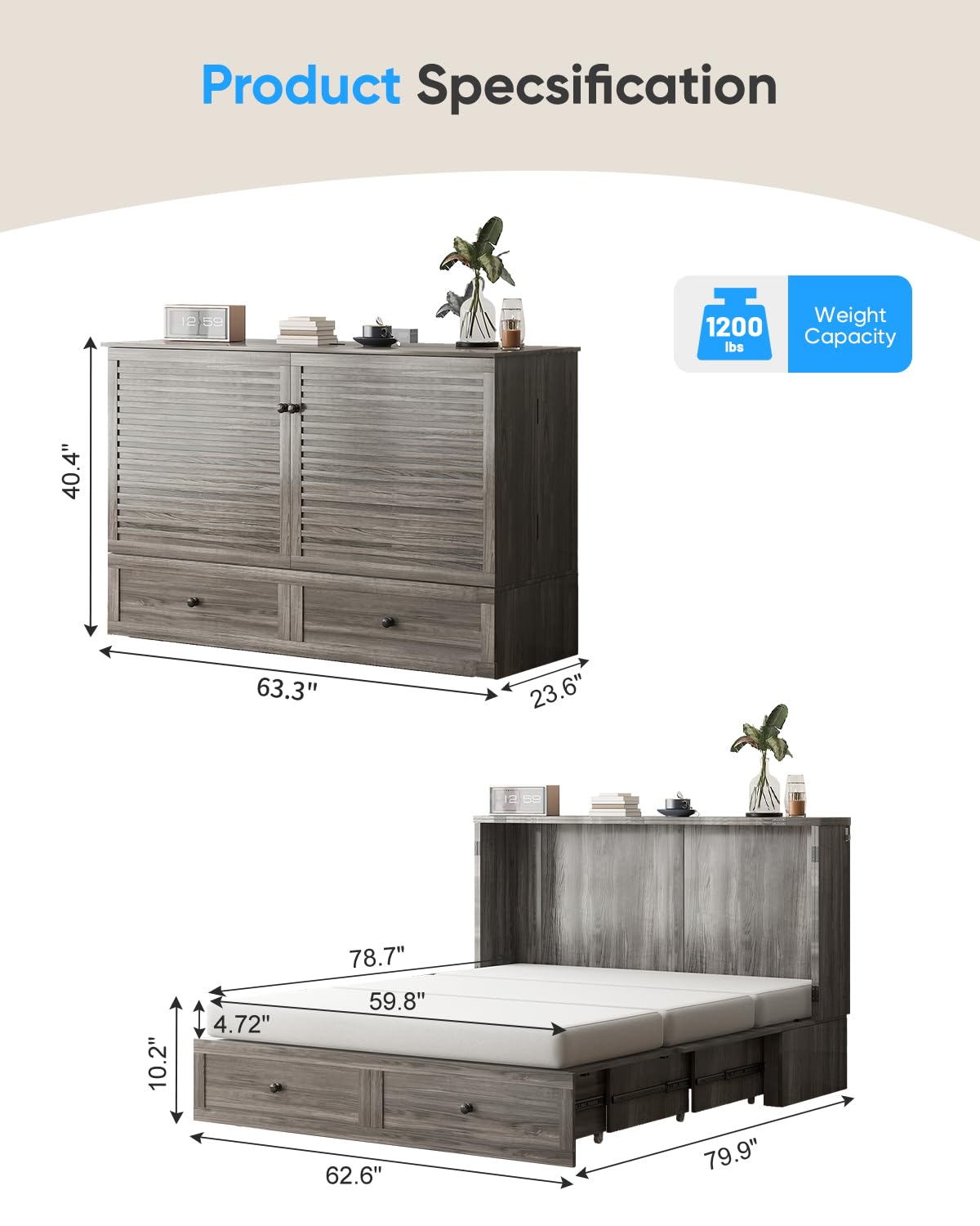 ADOWORE Queen Size Murphy Bed with Mattress Included, Cabinet Bed with Charging Station & Large Storage Drawer, Hideaway Full Foldable Platform Bed for Home Office or Guest Bedroom, Living Room,Grey ADOWORE