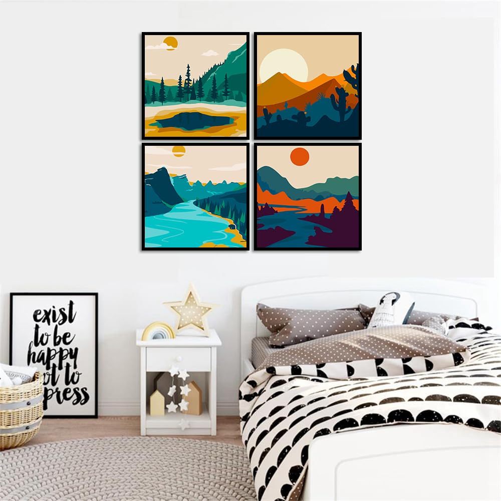 FQOVKYN 4 Pack Sunset Paint by Number for Adults Beginners, DIY Landscapes Paint by Numbers on Canvas, Acrylic Easy Painting by Numbers Oil Painting Kits for Home Wall Decor (8x8in) FQOVKYN