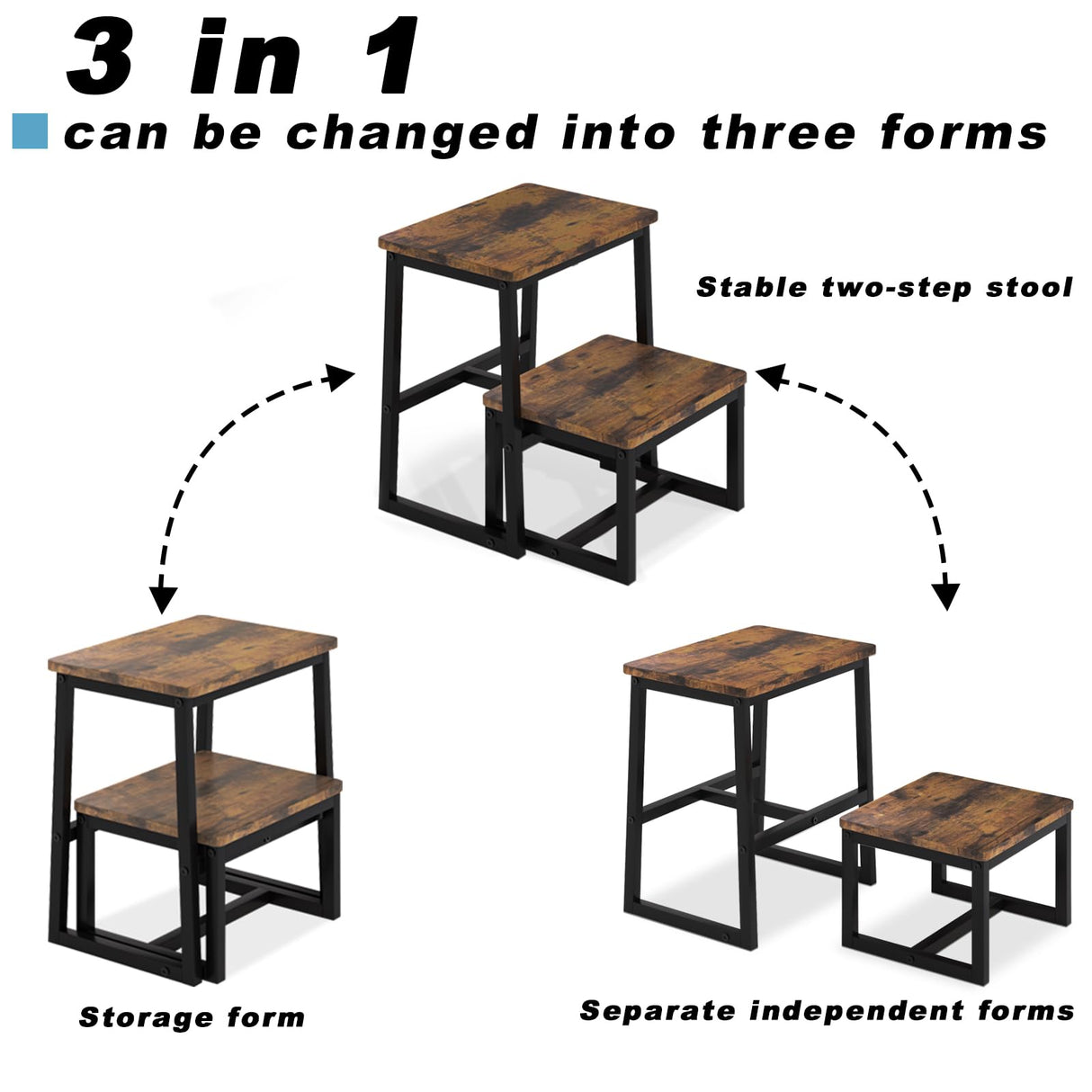 iTsst Step Stool for Adults & Kids,Holds up to 500Lb,3 in1 Heavy Duty Sturdy Wooden 2 Stepstool for Kichen/Bathroom/High beds, Metal Frame, Non-Slip Pads iTsst