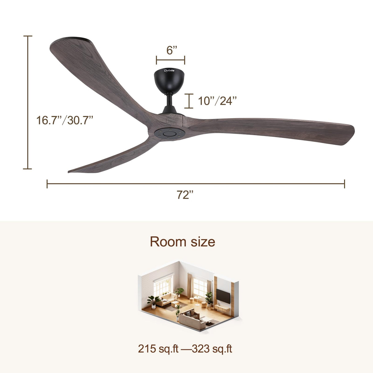 Ovlaim 72 Inch Large Wood Smart Wifi Ceiling Fan without Light, 3 Blade Indoor Outdoor High CFM Quiet DC Motor Ceiling Fan No Light Ovlaim