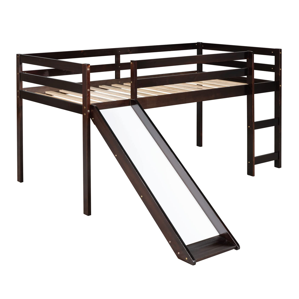 Harper & Bright Designs Twin Size Low Loft Bed with Slide Child Junior Loft Beds for Girls Boys Solid Pine Wood Toddler Bed with Ladder and Guard Rails,No Box Spring Needed,Espresso Harper & Bright Designs