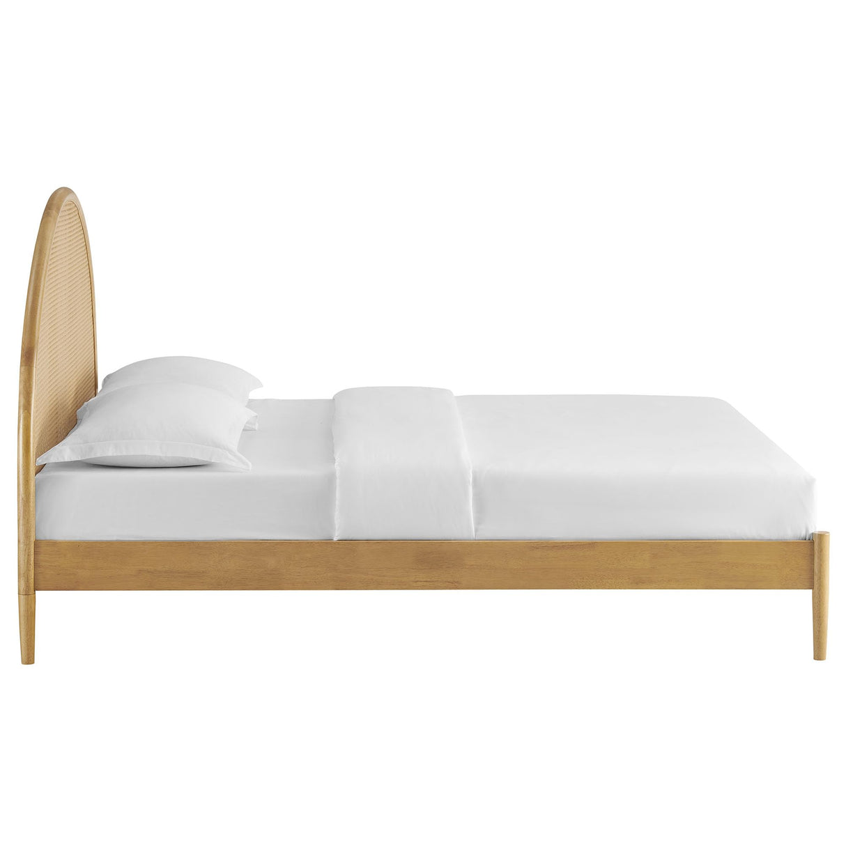 Modway Odette Arched Queen Platform Bed in Oak with Rattan Cane Headboard – Wooden Queen Half Moon Bed Frame – Mid-Century Modern Queen Size Platform Bed Frame Modway