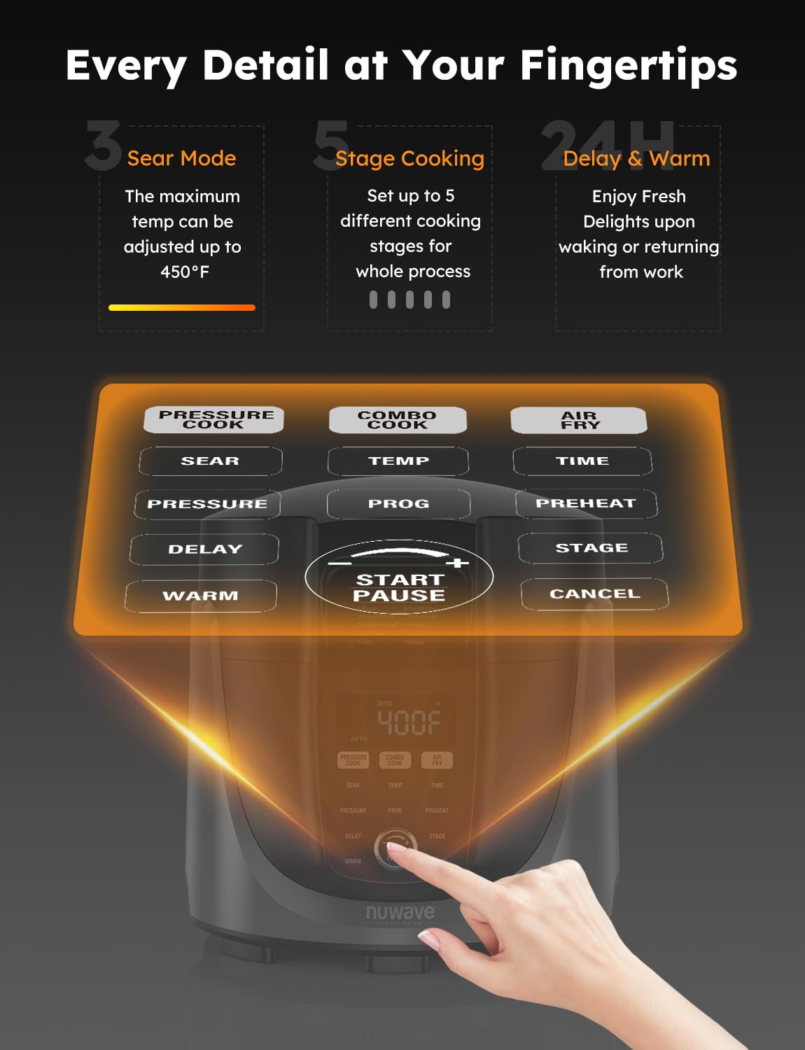 Nuwave Duet Air Fryer, Electric Pressure Cooker & Grill Combo, 540 IN 1 Multicooker with 2 Removable Lids, Slow Cook, Sears, Sautés, 18/10 SS Pot, Sure-Lock Safety Tech & 9 Deluxe Accessories Nuwave