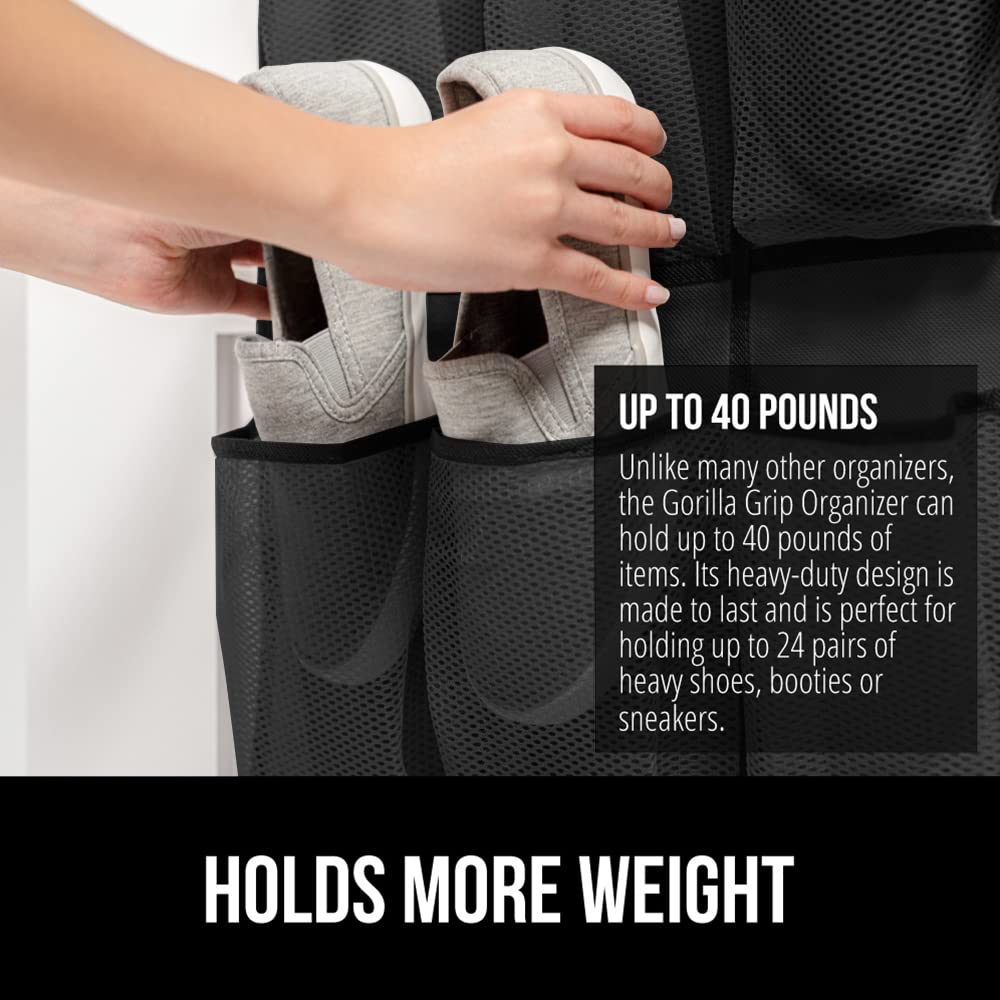 GORILLA GRIP Over the Door Shoe Organizer, 24 Large Breathable Mesh Pockets, Space Saving Hanging Storage Holder, Closet Rack Hanger Holds Up to 40 lbs, Hangs on Closets for Shoes, Accessories, Black GORILLA GRIP
