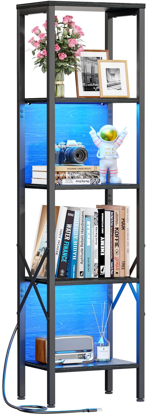 Furologee 5-Tier LED Bookshelf in Black Oak - Narrow Industrial Bookcase with Back Panel for Home and Office Furologee