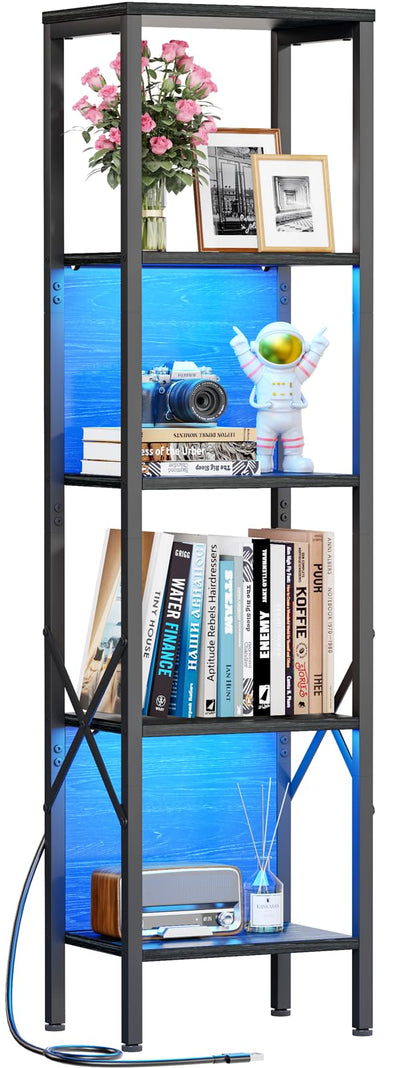 Furologee 5-Tier LED Bookshelf in Black Oak - Narrow Industrial Bookcase with Back Panel for Home and Office