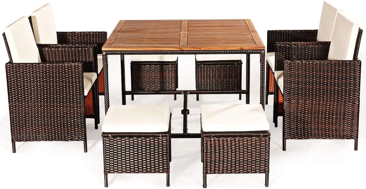HAPPYGRILL 9-Pieces Patio Dining Set Outdoor Dining Furniture Set with Cushioned Seating, Space-Saving Dining Table with Acacia Wood Tabletop Rattan Wicker Chair and Ottoman Sets for Backyard Garden HAPPYGRILL