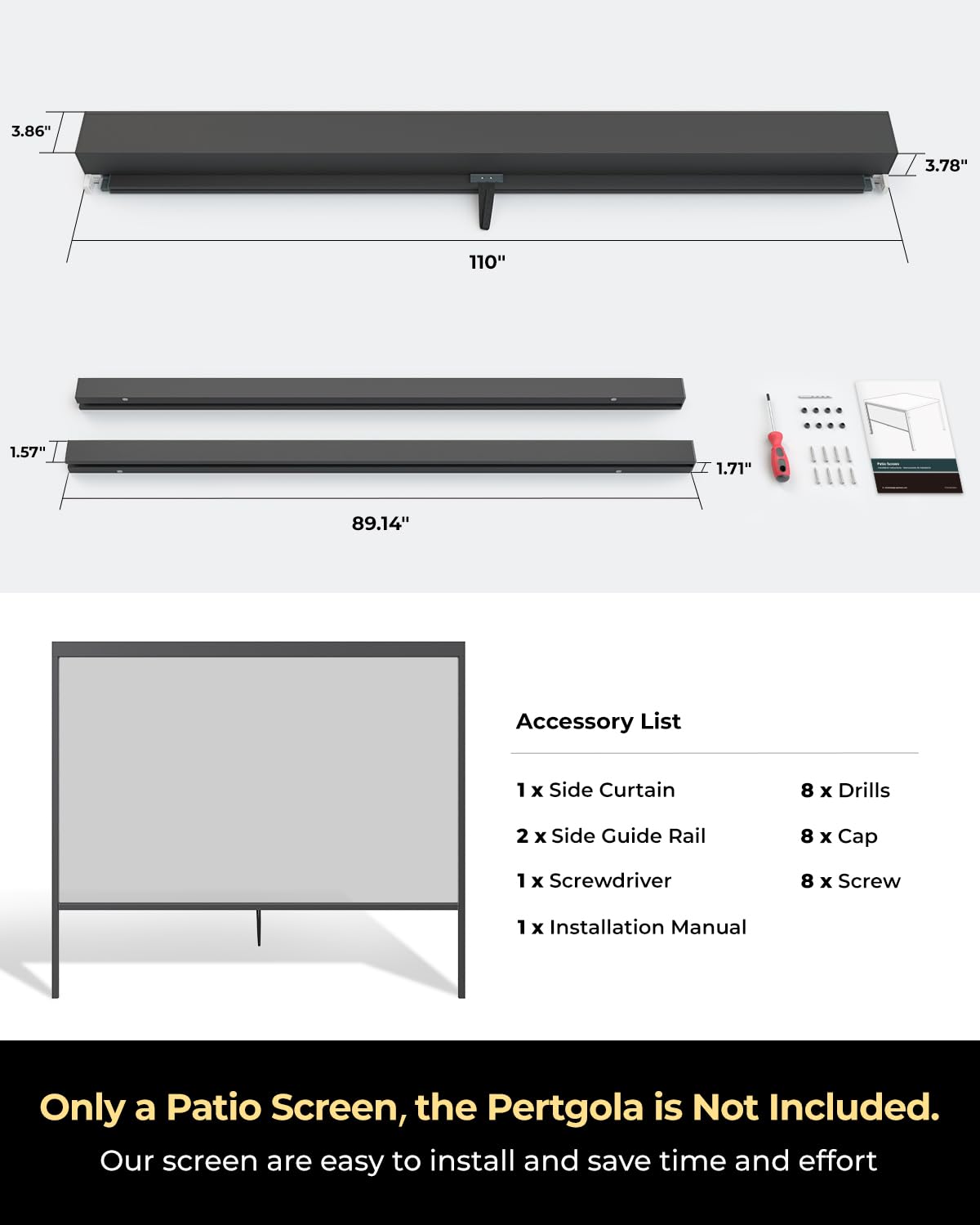 UNISHADES Retractable Pergola Sun Shade, for use on The Side of a 9.17'L × 7.75'H pergola to Block Out Light and Mosquitoes, not The pergola Itself. UNISHADES
