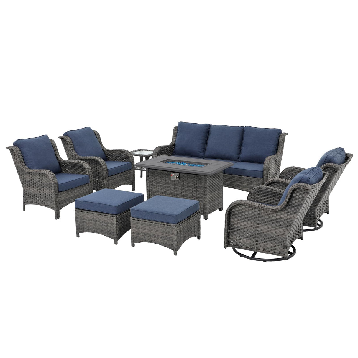 SUNSITT Outdoor Furniture Set with Fire Pit Table Wicker Patio Conversation Set 9-Piece Patio Sectional Furniture Set with Gas Firepit with Swivel Patio Chair Grey Wicker & Denim Blue Cushion SUNSITT