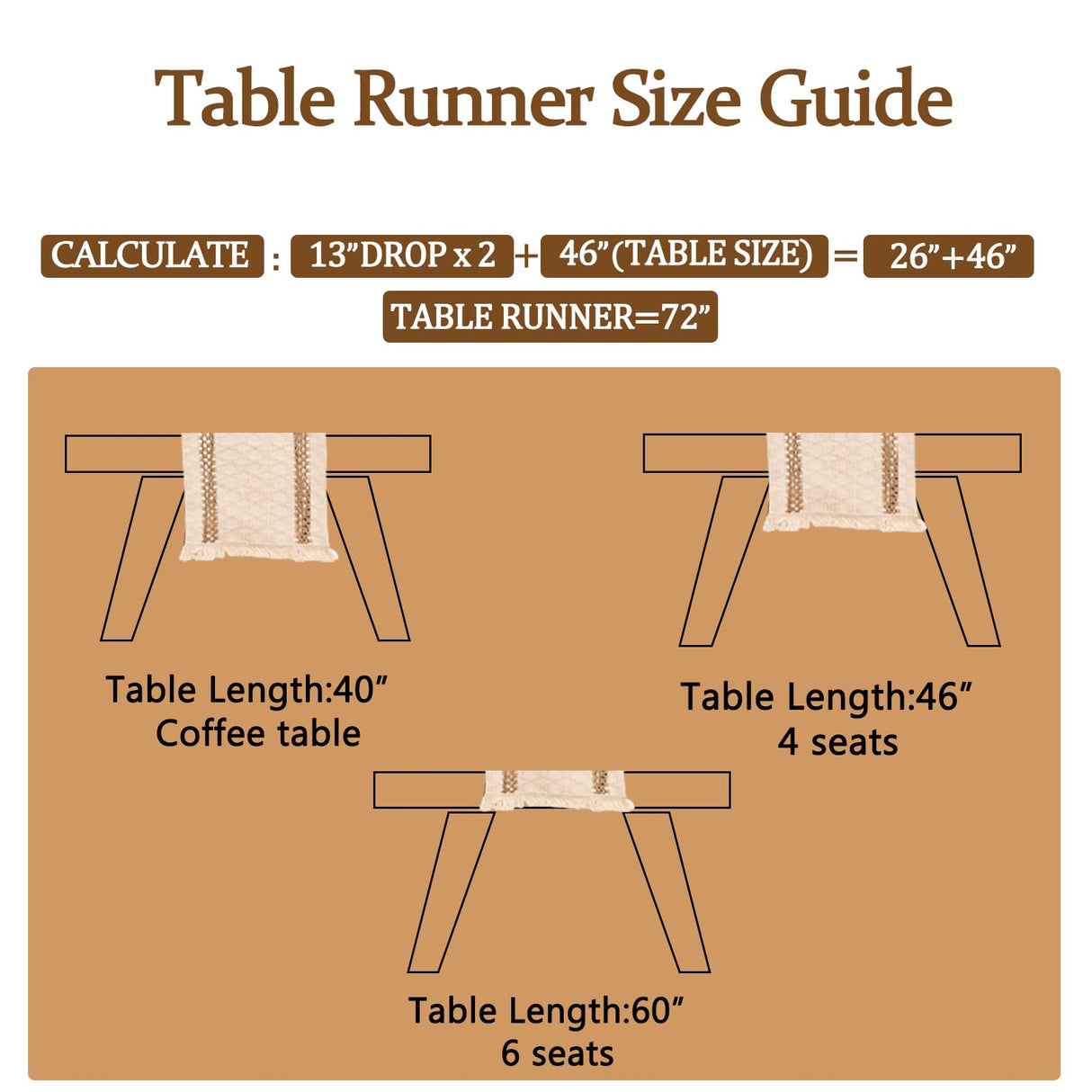 Niviy Boho Table Runner for Thanksgiving Christmas Winter Home Decor 72 Inches Long Farmhouse Macrame Table Runner Cotton Linen Woven Table Runners for Dining Table Decoration, Beige & Brown Niviy