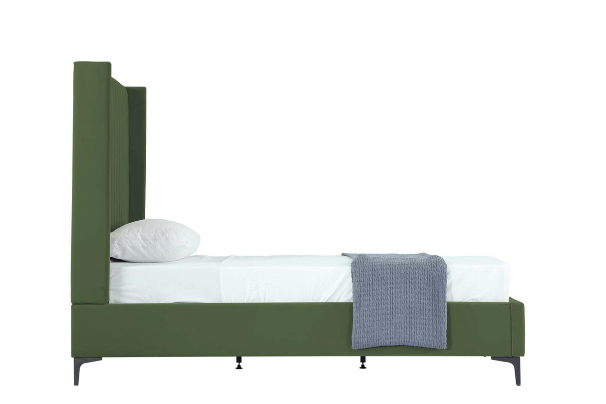 Manhattan Comfort Promenade Mid-Century Modern Velvet Upholstered Twin-Size Bed Frame - Luxurious Foam Padding, No Box Spring Needed, Stylish Vertical Stitched Headboard, Moss Green Manhattan Comfort