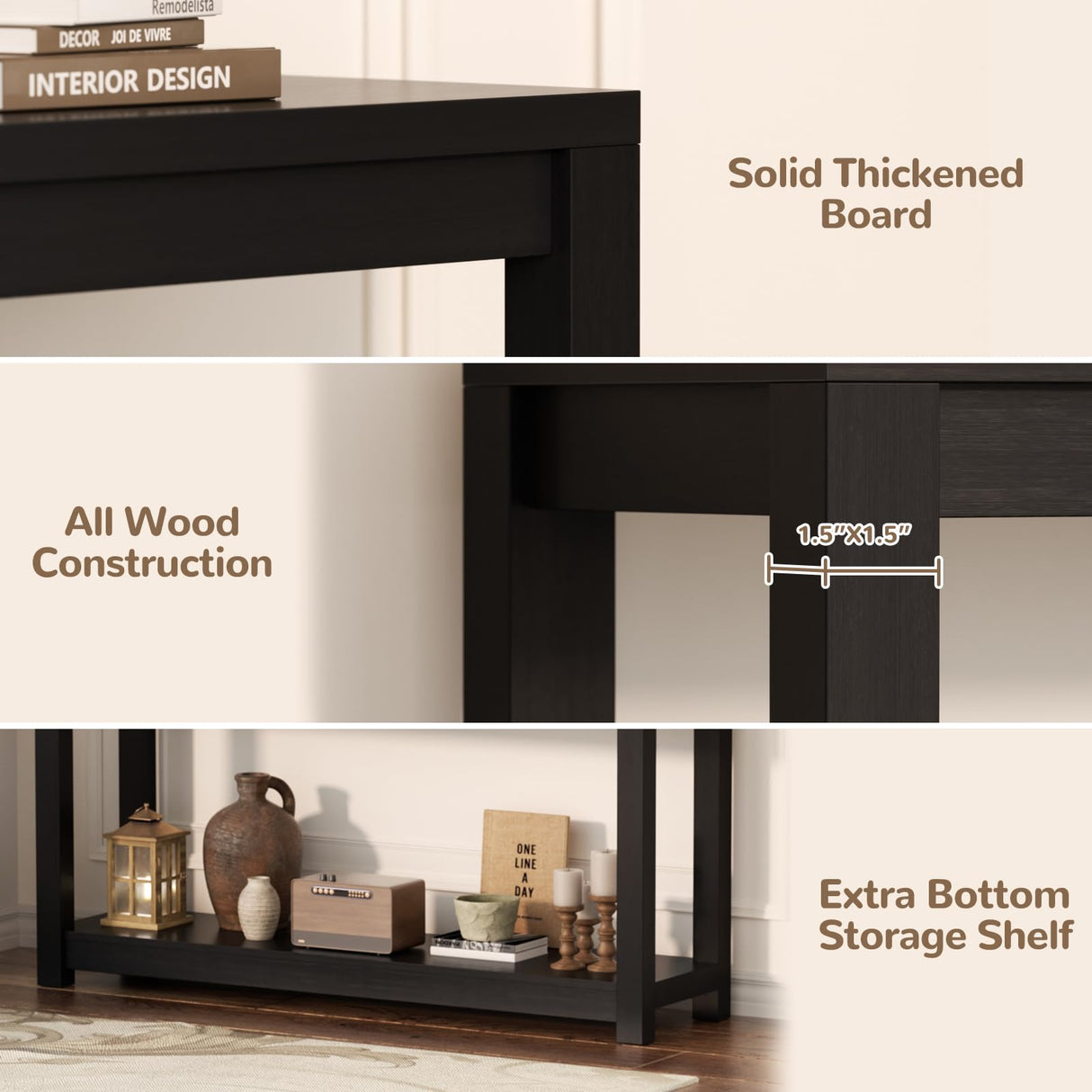 Besiost 47" Farmhouse Wood Entryway Table Narrow Console Table with Storage Behind Couch Sofa Table with Shelves Entry Way Table with Open Storage, Easy Assembly, Embossed Wood Grain Black Besiost