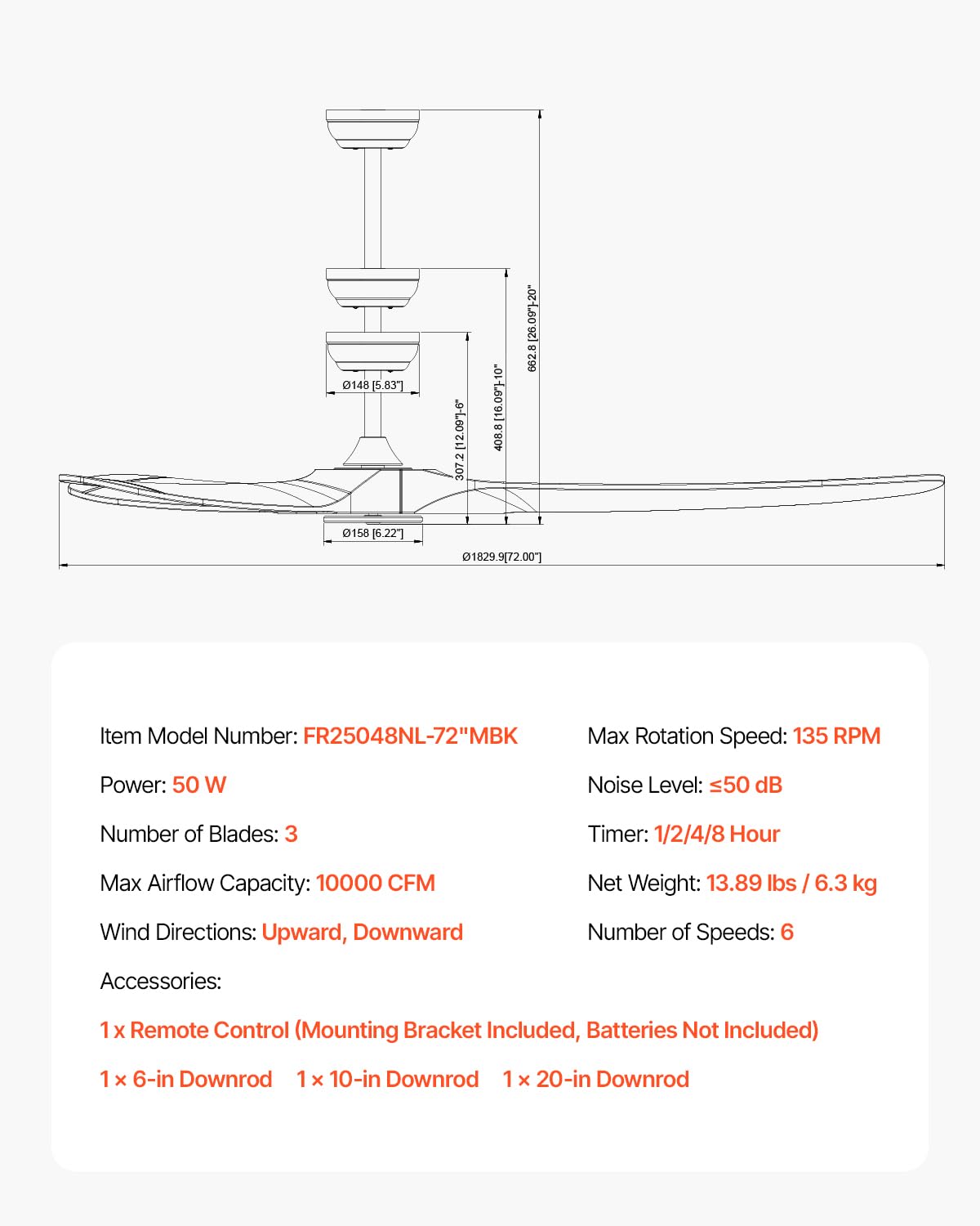 VEVOR 72 Inch Ceiling Fan without Light, 6-Speed Remote Control, 3-Wood-Blade, Reversible DC Motor, Modern Low Profile Flush Mount Exterior Fan for Bedroom, Living Room, Patio, Indoor/Outdoor, Black VEVOR