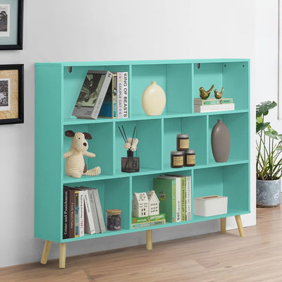 CAPHAUS 10 Cube 3 Tier Mid Century Bookshelf, 55” Wide Wooden Cube Storage Organizer with Legs, Open Shelf Bookcase, Modern Shelving for Living Room, Bedroom, Office, Tiffany Green