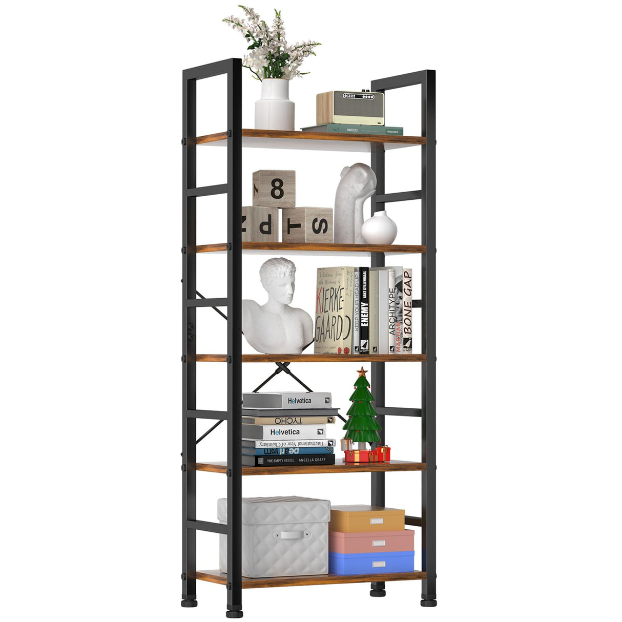 Sweetcrispy Book Shelf, 5 Tier Bookcase, Tall Bookshelf Modern Book Case for Books, Garage Kit, CDs, Movies, Industrial Corner Storage Organizer for Bedroom Home Office Kitchen Living Room Rust Brown Sweetcrispy