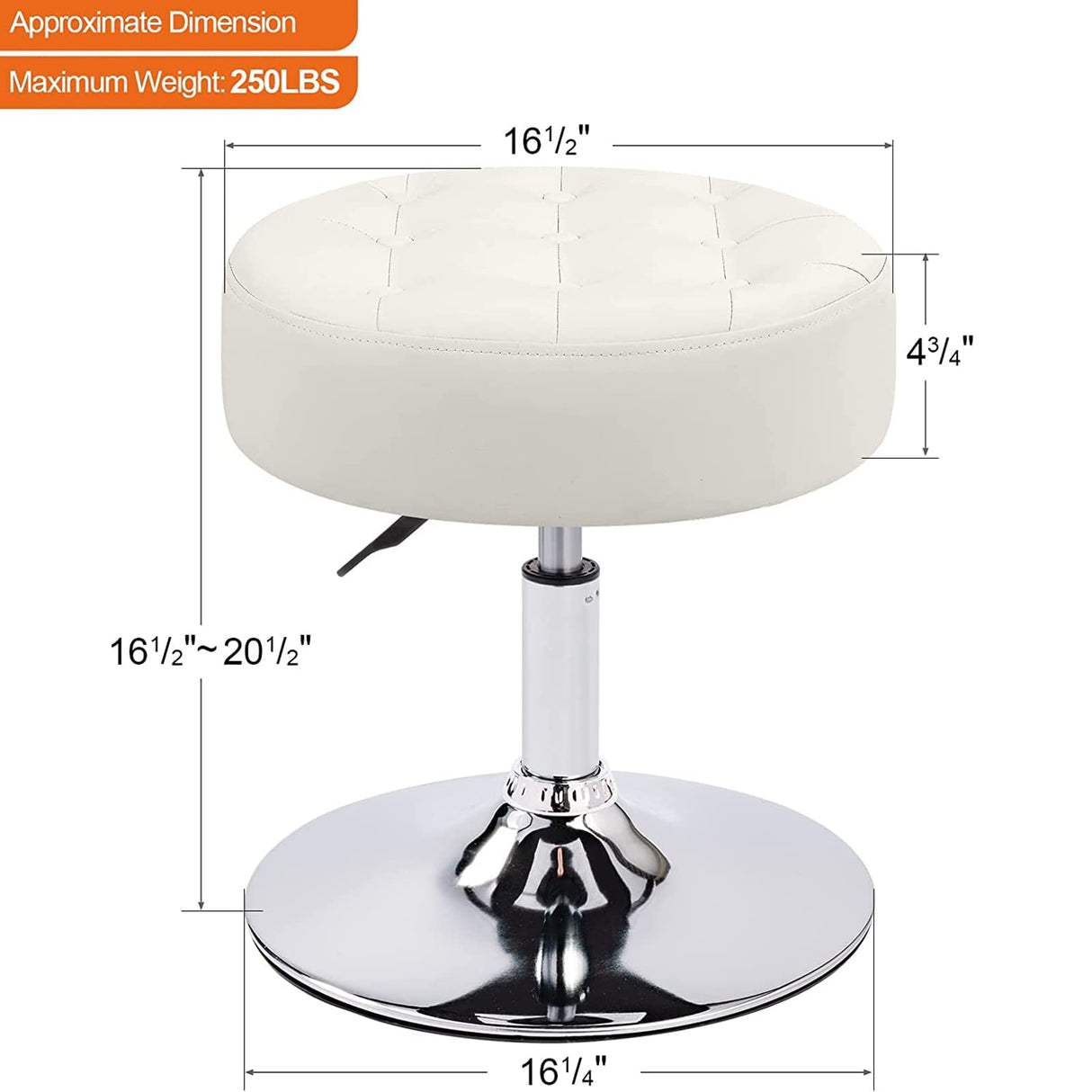 Furniliving Mid-Century Tufted Adjustable Swivel Makeup Ottoman Stool; Modern Big Size Round Vanity Stool Chair for Bedroom Living Room (White) Furniliving