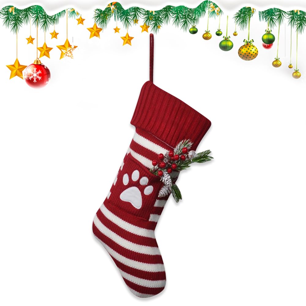 Estivaux Large Christmas Stockings Xmas Fireplace Hanging Stockings Burgundy Red Knit Stocking White Stripes Stockings Gift Holding Bag for Home Christmas Decorations Party Favor Supplies Estivaux