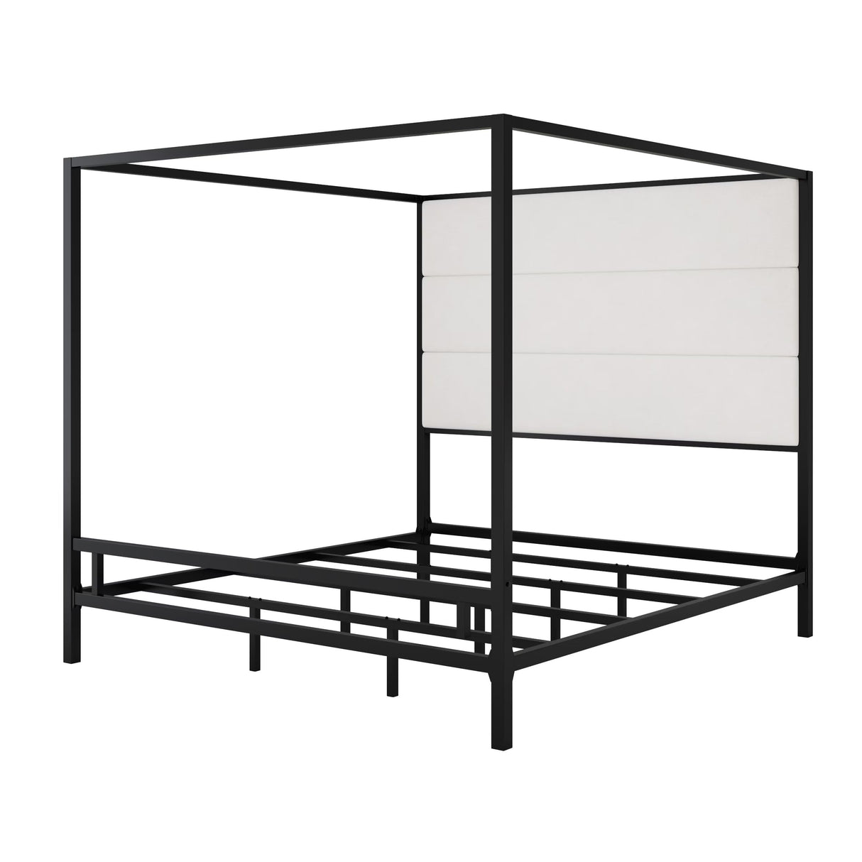JIJIWANG Modern Black Canopy Bed with Tall Linen Fabric Upholstered Headboard, Metal 4-Poster King Size Canopy Bed Frame, King Bed Canopy, Box Spring Needed (King,Black) JIJIWANG