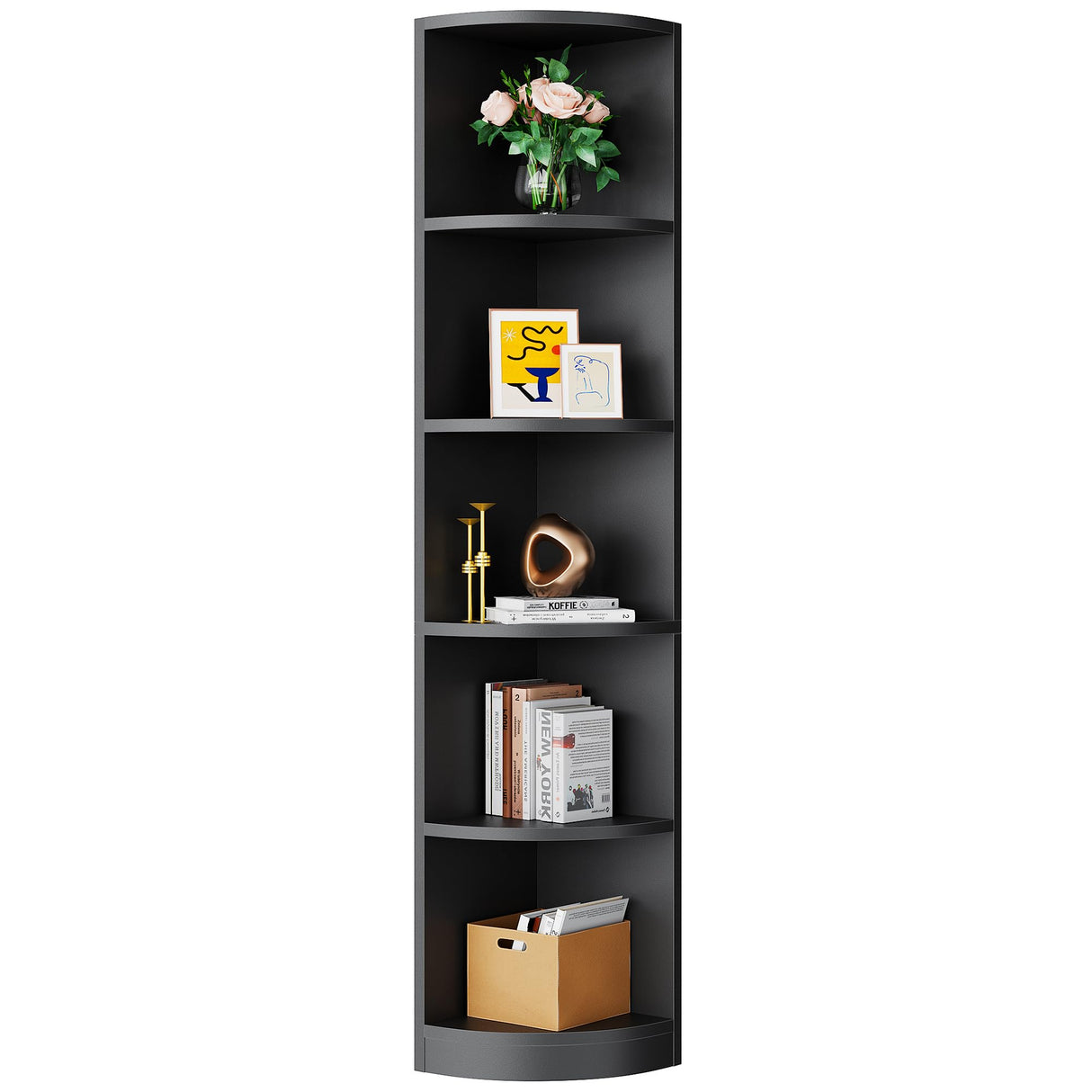 YITAHOME 5-Tier Black Corner Bookshelf - Modern Free Standing Display Bookcase YITAHOME