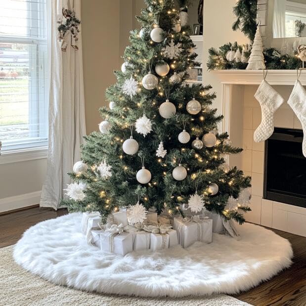 AOGU 48 Inch Faux Fur Christmas Tree Skirt White Plush Skirt for Merry Christmas Party Christmas Tree Decoration AOGU