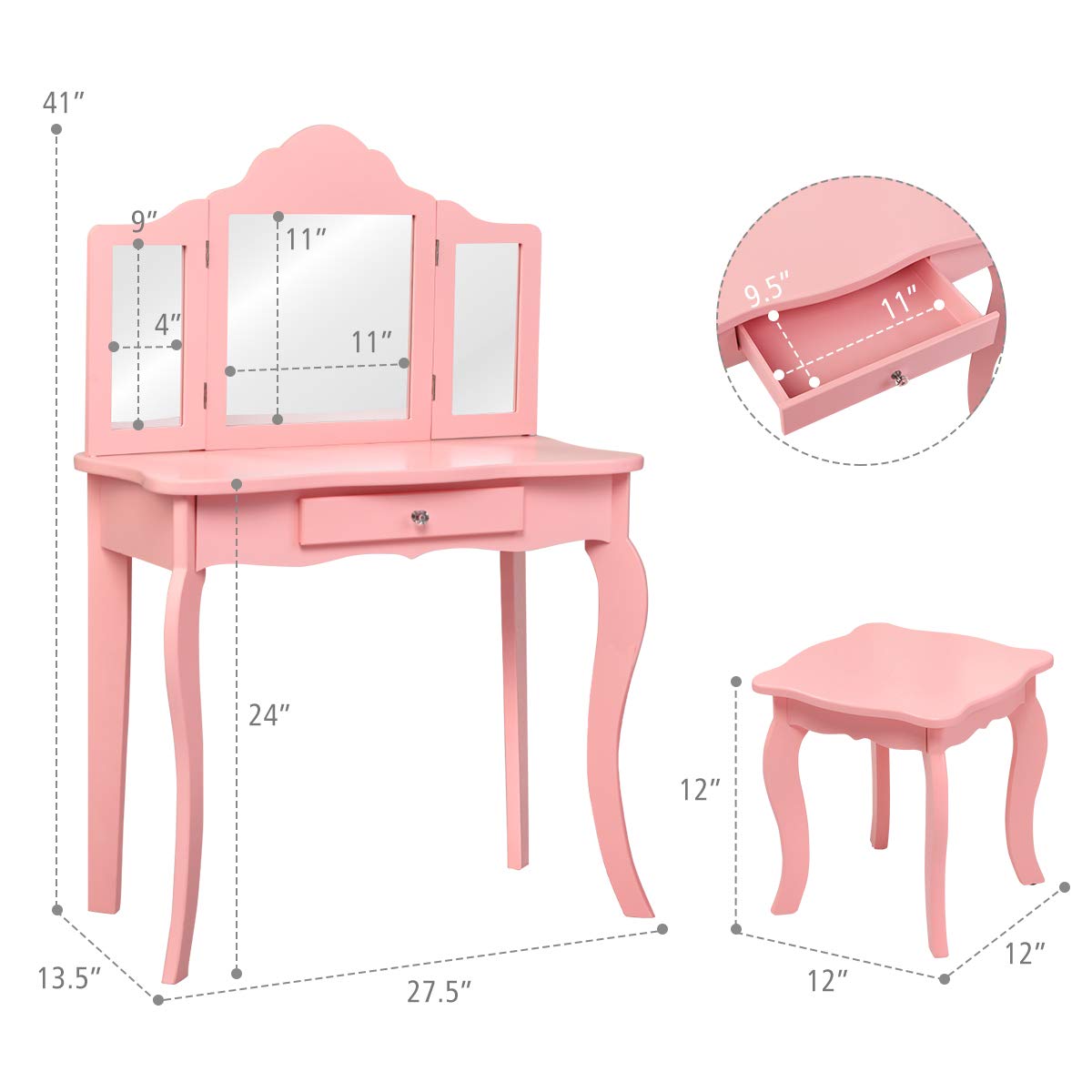 Costzon Kids Wooden Vanity Table & Stool Set, 2 in 1 Detachable Design with Dressing Table and Writing Desk, Princess Makeup Dressing Table with Two 180° Folding Mirror, for Girls, Kids (Pink) Costzon