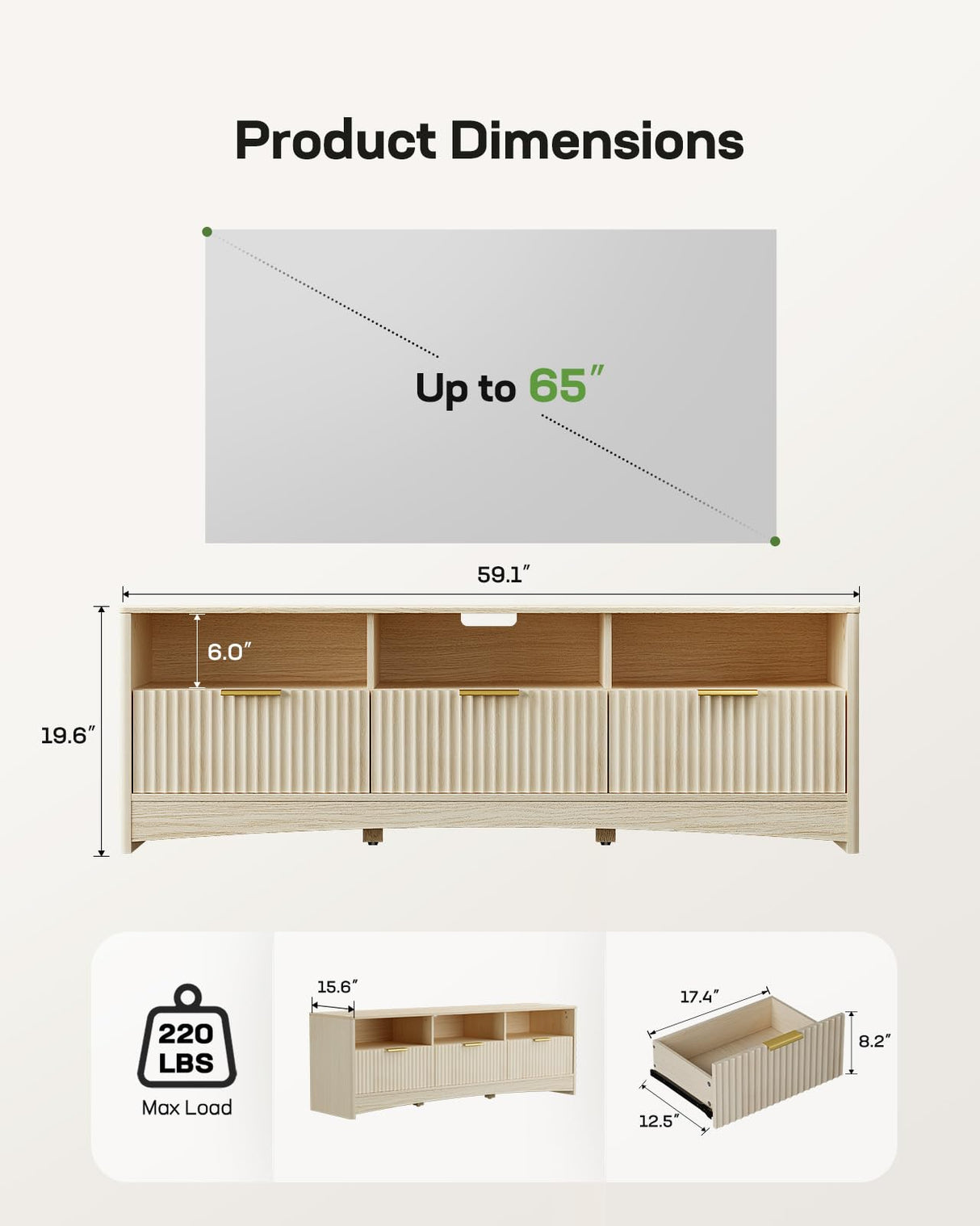 Marsail 59″ Wide TV Stand for TVs Up to 65″, Modern Entertainment Center with Fluted Panels, 3 Easy-Sliding Drawers, Open Shelves & Cable Hole, 3-Tier TV Stands for Living Room & Bedroom, Natural Oak Marsail