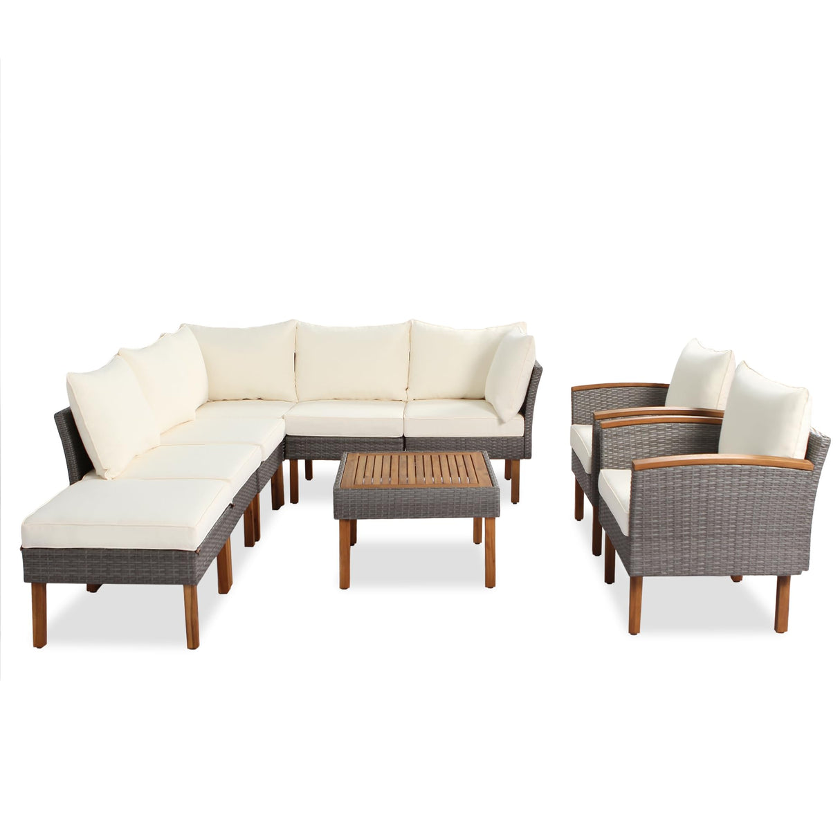 Ziraukon 9-Piece Patio Rattan Furniture Set, Outdoor Patio Furniture, All-Weather Outdoor Wicker Sectional Conversation Set with Arm Chairs and Table, Acacia Wood Legs, Washable Cushion, Beige Ziraukon