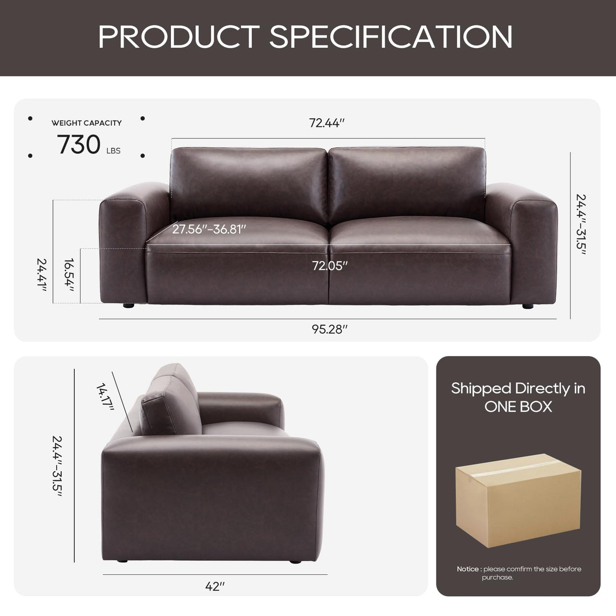 COLAMY 95" Oversized PU Leather Sofa, Comfy Sofa Couch with Extra Deep Seats, Wide Arm, Down Filled 3-Seater Modern Sofa for Living Room, Apartment Lounge-Chocolate COLAMY