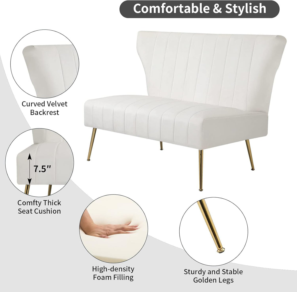 WQSLHX 50’’ Velvet Modern Armless Loveseat for Living Room Bedroom, Upholstered Small Wingback Couch Sofa with Gold Metal Legs & 2 Seater WQSLHX